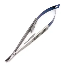 Иглодержатель микрохирургический Кастровьехо (Castroviejo) TC Flat Blue, 14 см, изогнутый