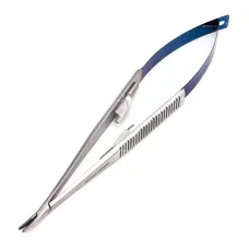 Иглодержатель микрохирургический Кастровьехо (Castroviejo) TC Flat Blue, 18 см, изогнутый