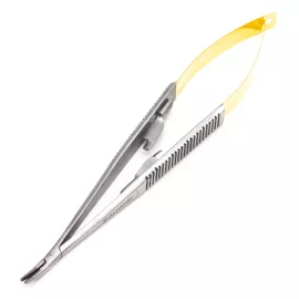 Иглодержатель микрохирургический Кастровьехо (Castroviejo) TC Flat Gold, 18 см, изогнутый