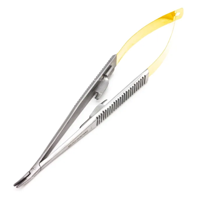 Иглодержатель микрохирургический Кастровьехо (Castroviejo) TC Flat Gold, 18 см, изогнутый